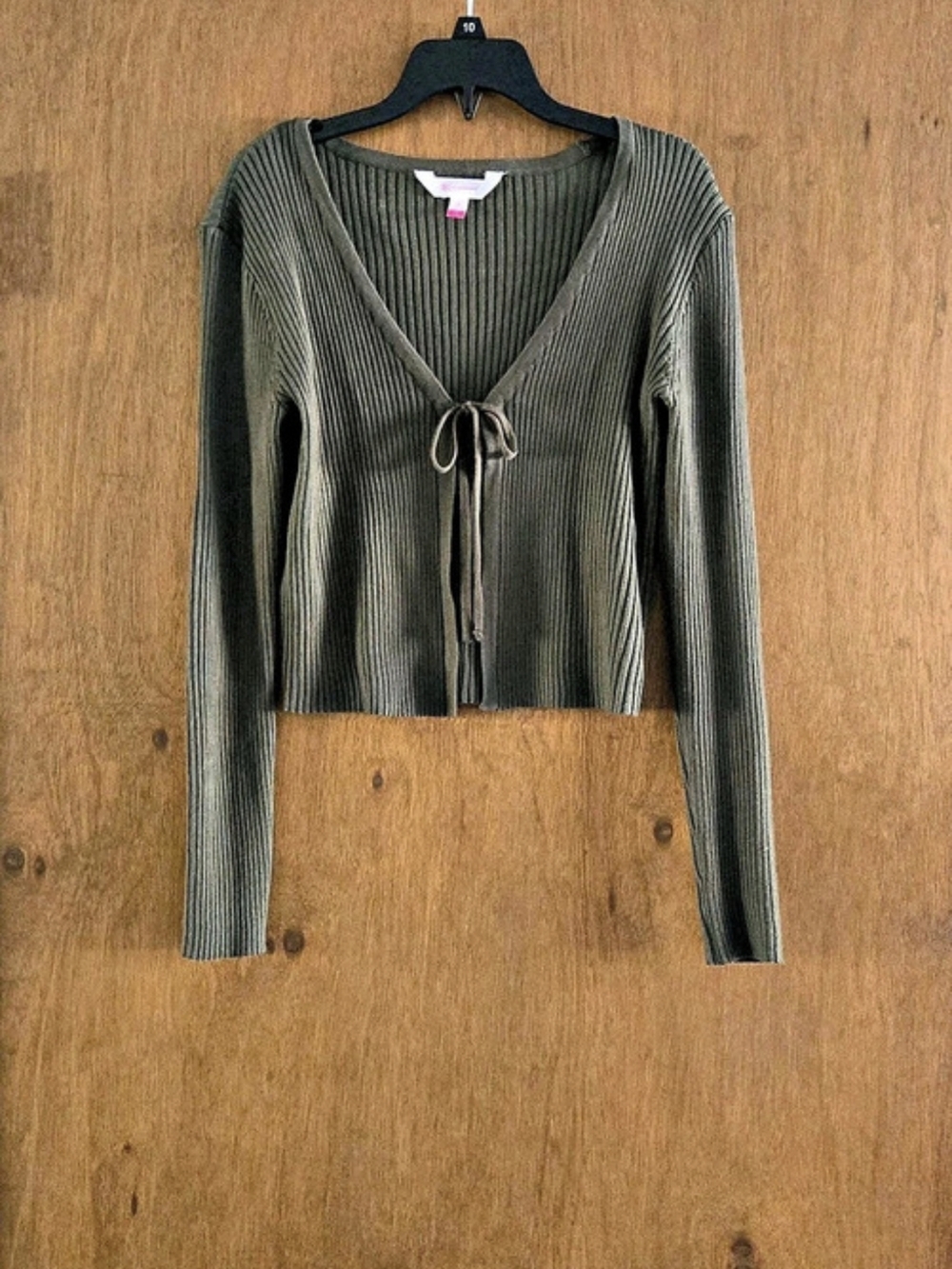 No Boundaries Long Sleeve Tie Front Cardigan Ribbed V-Neck Green
